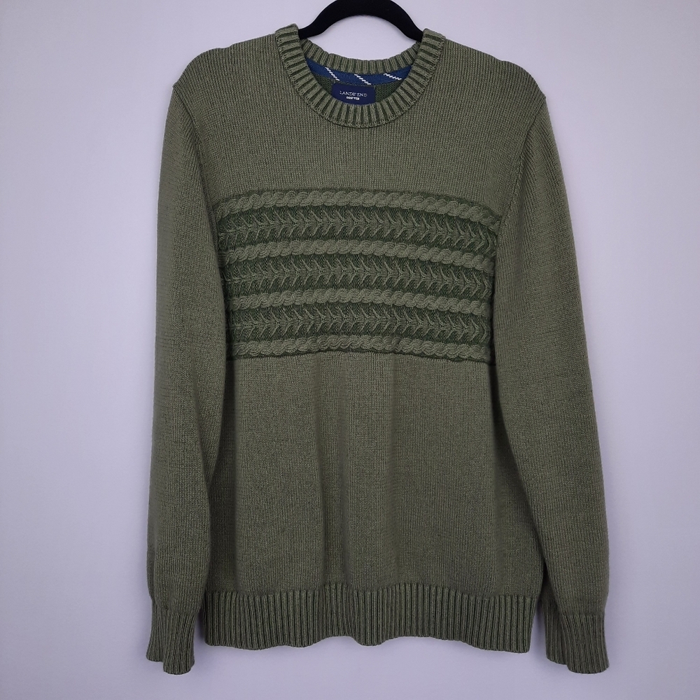 Lands End Men's Drifter Cotton Crewneck Cable Knit Fisherman Sweater Olive Large